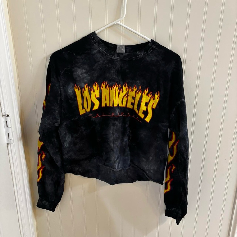 SOLD- Blue tie dye Flame Los angels trasher Graphic Short Sleeve Tee